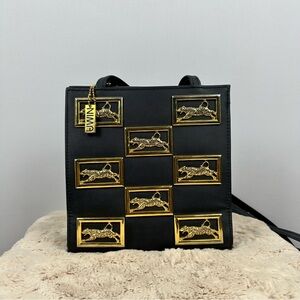 NIMA Fun Vintage 80’s Black Shoulder Bag with Gold Leopard Plaque Accents